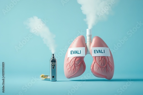 Lungs labeled with EVALI exhaling smoke with e-cigarette beside photo