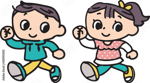 元気に歩く男の子と女の子