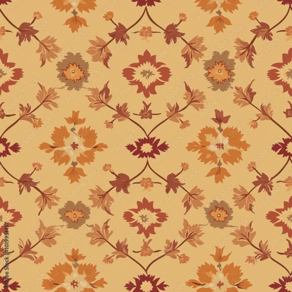 Elegant Floral Carpet Design with Warm Earthy Tones and Seamless Pattern on a Beige Background Elegant Floral Carpet Design with Warm Earthy Tones and Seamless Pattern on a Beige Background