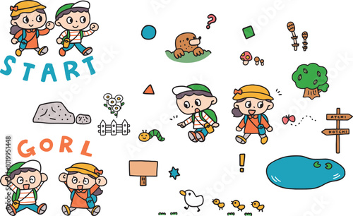 遠足をする子供達のセット