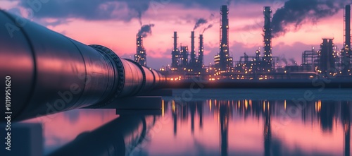 A close-up of an oil pipe in the foreground, with the reflection on water and large industrial buildings