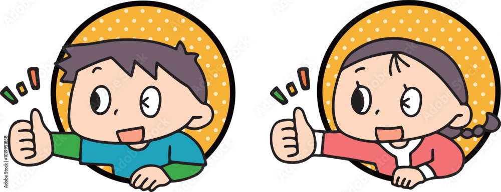 枠から飛び出すいいねのポーズをする子供