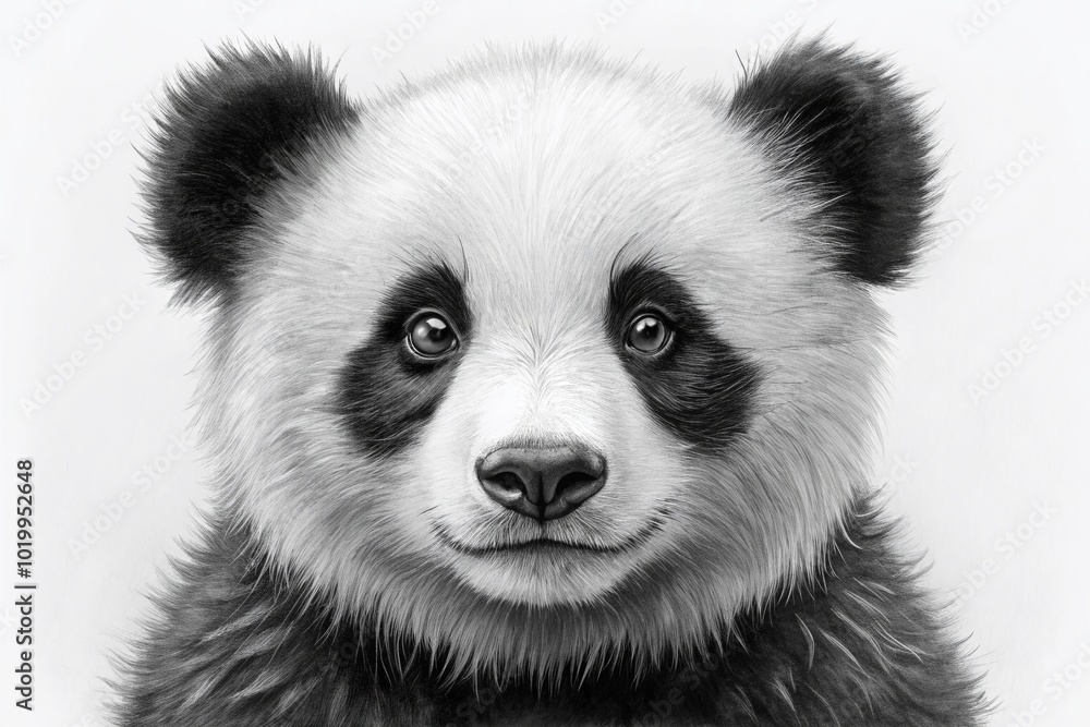Naklejka premium Simple and Adorable Panda Sketch in Black and White Perfect for Children's Illustrations and Designs