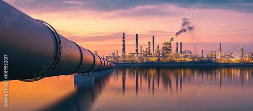 A close-up of an oil pipe in the foreground, with the reflection on water and large industrial buildings