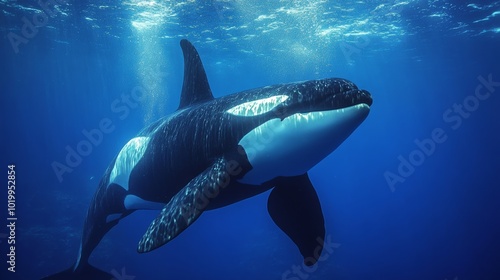 close up of an orca whale swimming in the deep ocean