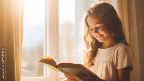 A young girl smiles softly, captivated by her book as golden morning light streams through the window, creating a warm and peaceful atmosphere.