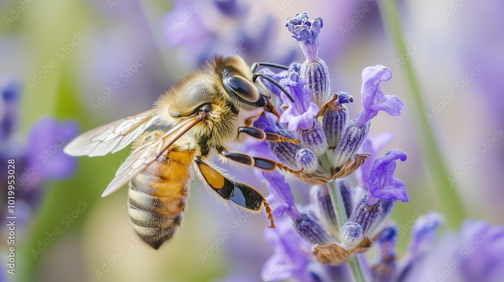 Honeybee macro dragonfly perched on a lavender flower with blurred background Honeybee macro dragonfly perched on a lavender flower with blurred background