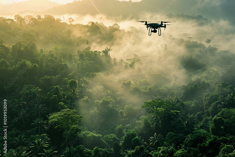Fototapeta premium Drone flying in the sky over nature during observation