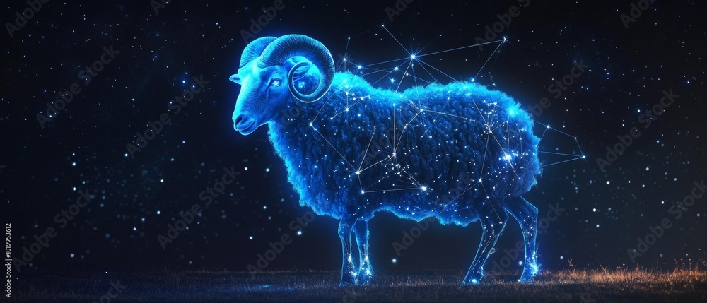 A stunning digital representation of a ram, illuminated with a vibrant blue glow, highlighting cosmic constellations. A stunning digital representation of a ram, illuminated with a vibrant blue glow, highlighting cosmic constellations.