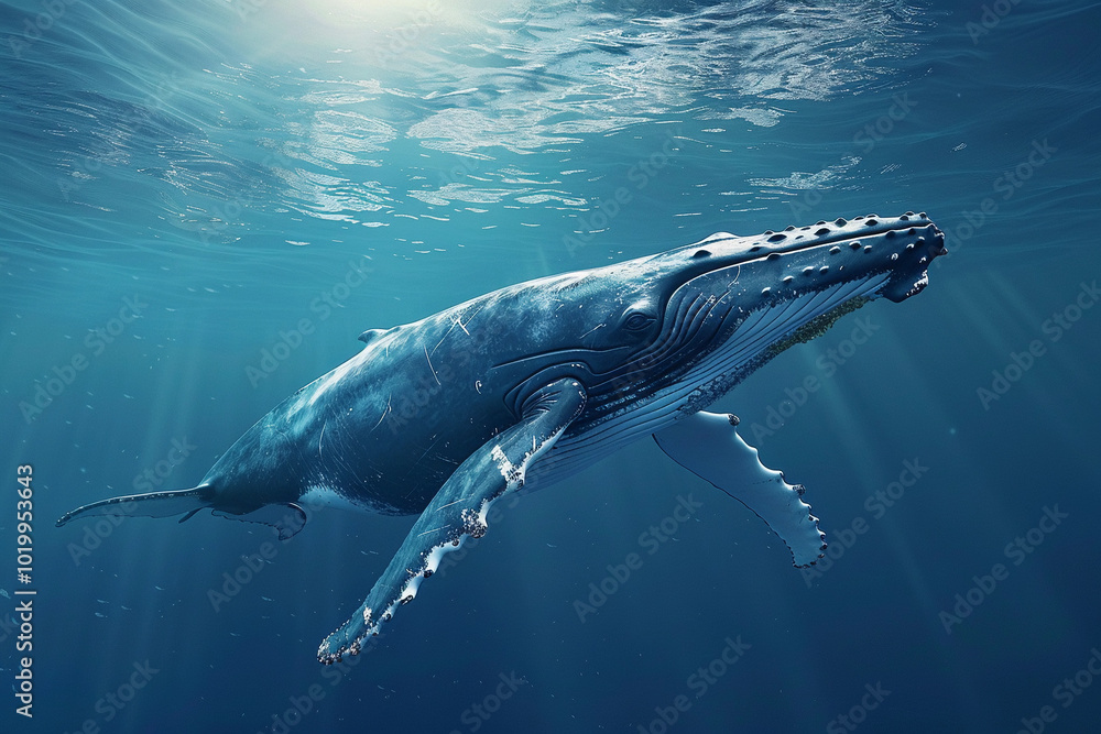 Naklejka premium Fantastically beautiful majestic huge whale in ocean
