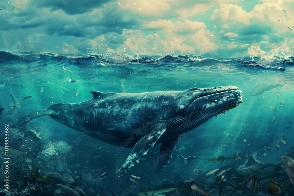 Naklejka premium Fantastically beautiful majestic huge whale in ocean