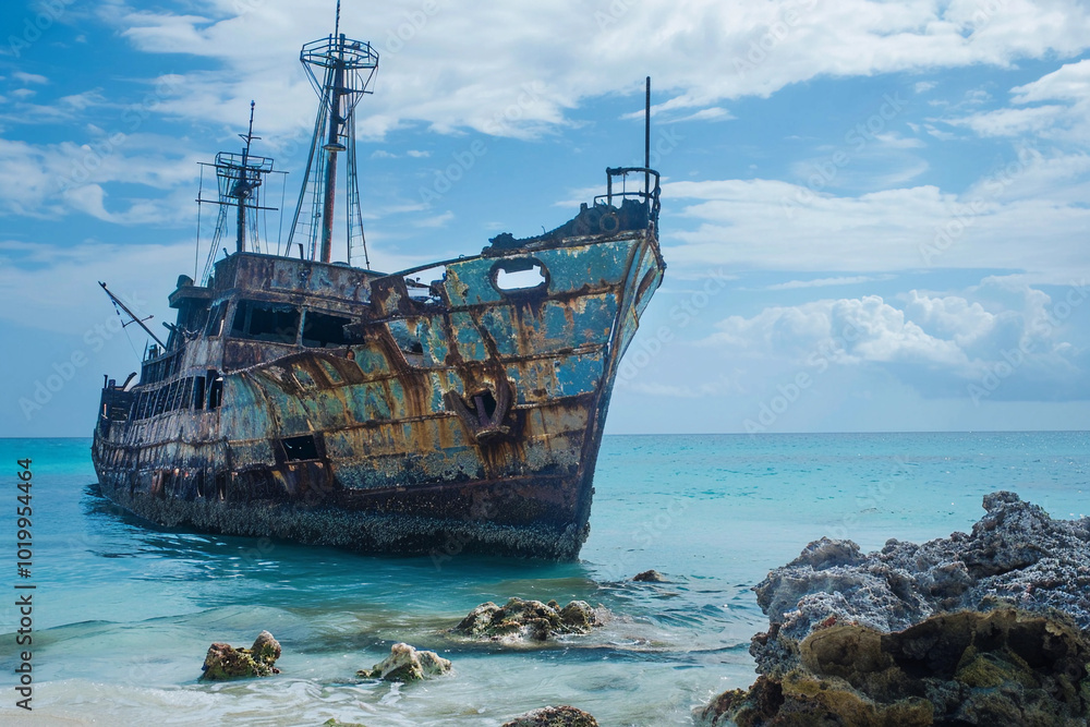 Underwater view of an old sunken ship on seabed with fish swimming Underwater view of an old sunken ship on seabed with fish swimming