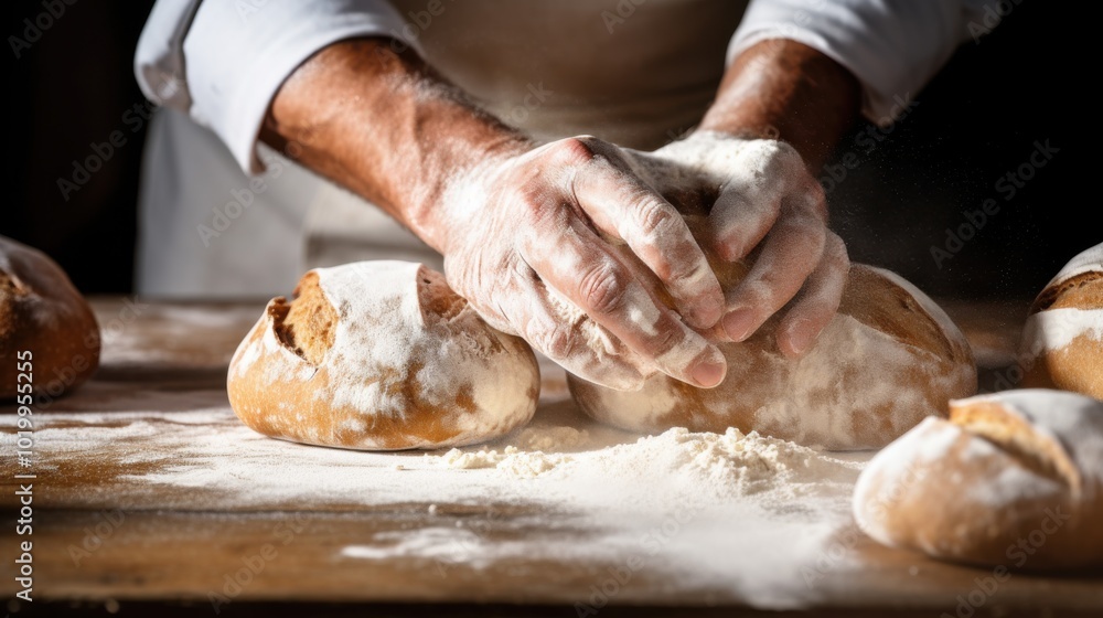 Hands gently sprinkle flour over freshly baked bread, embodying the art and craft of traditional baking with warm, rustic ambiance. Hands gently sprinkle flour over freshly baked bread, embodying the art and craft of traditional baking with warm, rustic ambiance.