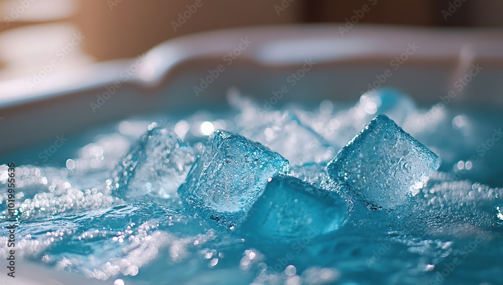 A close-up of ice cubes in a water tank, creating an icy and cold appearance A close-up of ice cubes in a water tank, creating an icy and cold appearance