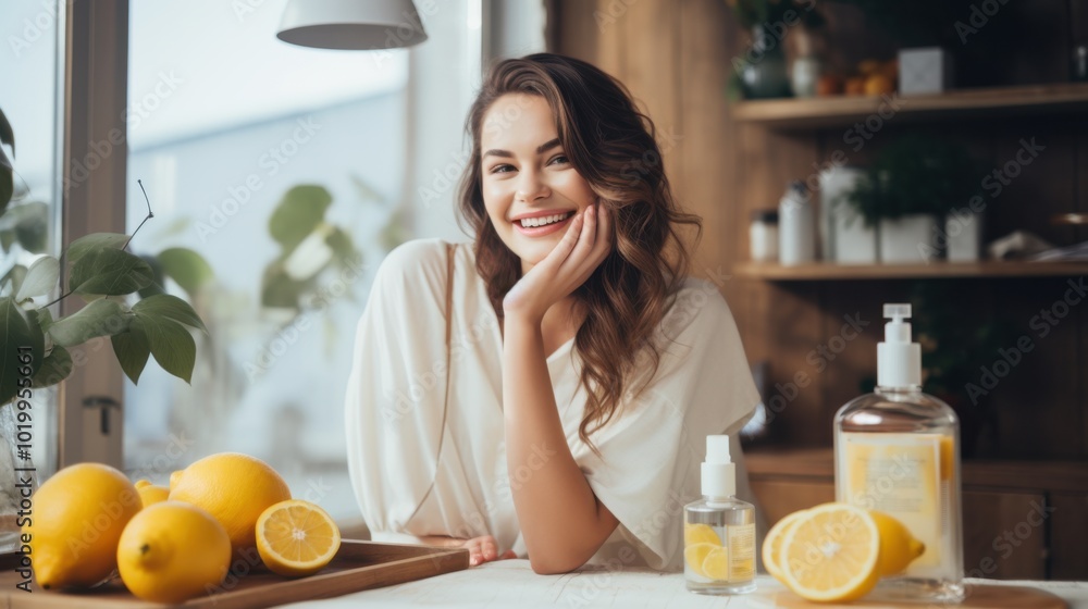 A smiling woman in a bright, inviting beauty studio, surrounded by fresh lemons and skincare products. A smiling woman in a bright, inviting beauty studio, surrounded by fresh lemons and skincare products.