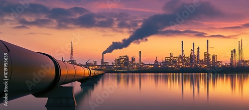 A close-up of an oil pipe in the foreground, with the reflection on water and large industrial buildings