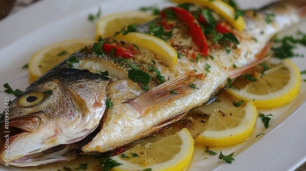 Grilled sea bass with lemon slices and herbs, restaurant quality presentation Grilled sea bass with lemon slices and herbs, restaurant quality presentation