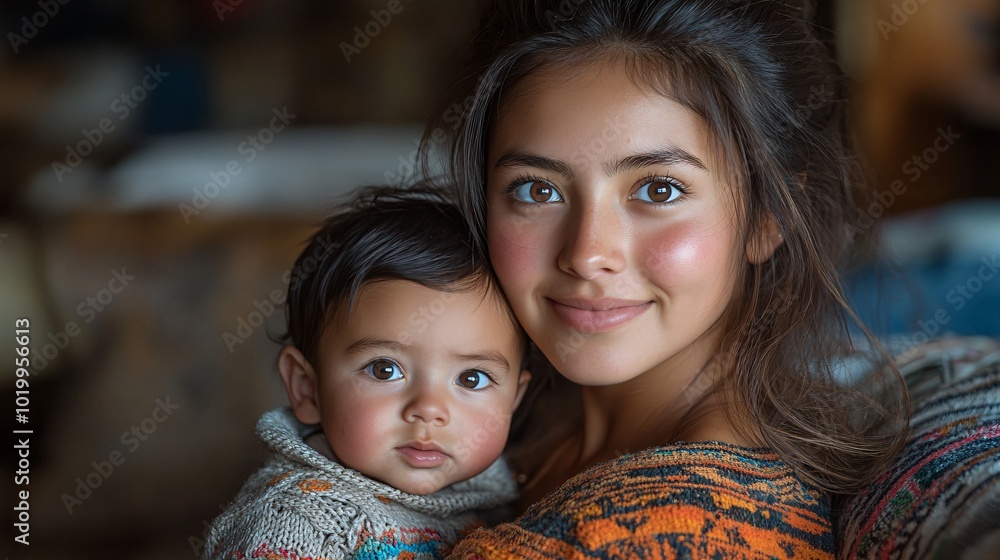 Portrait of a beautiful young latin woman hugging her newborn baby while smiling, photography
Portrait of a beautiful young latin woman hugging her newborn baby while smiling, photography