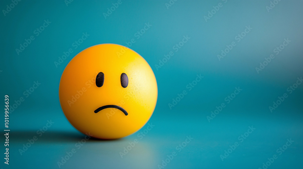Fototapeta premium Sad face emoji ball on blue background with copy space. Sadness, emotions and melancholy concept.