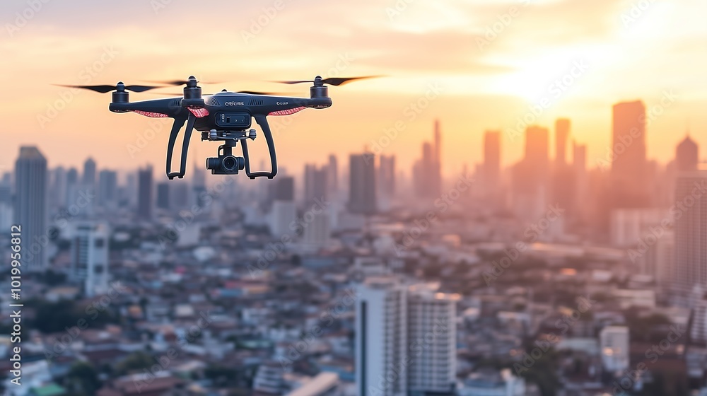 Drone flying over a cityscape at sunset with buildings and streets below, capturing an aerial view of urban life and infrastructure. Drone flying over a cityscape at sunset with buildings and streets below, capturing an aerial view of urban life and infrastructure.