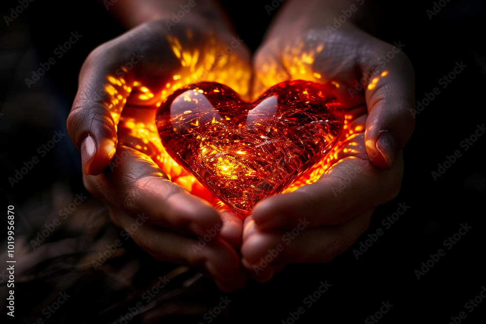 Beautiful decorative heart in strong human hands Beautiful decorative heart in strong human hands