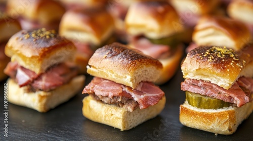 Mini Cuban sandwiches with pickles and mustard, close-up shot photo