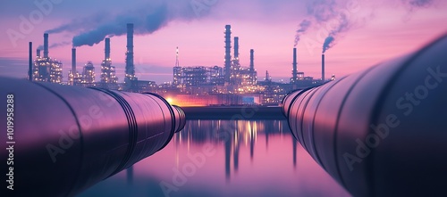 A close-up of an oil pipe in the foreground, with the reflection on water and large industrial buildings
