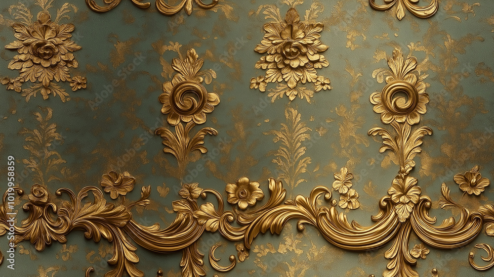 Victorian floral paper pattern. Ornate gold floral patterns on vintage teal wallpaper Victorian floral paper pattern. Ornate gold floral patterns on vintage teal wallpaper