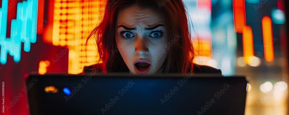 Obraz premium Businesswoman Shocked by Plummeting Prices on Laptop Display