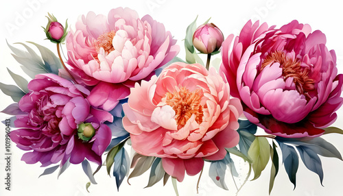 Peonies on white isolated background. Watercolor Flowers. Watercolour floral illustration set ready to bring joy to any space , cartoon drawing, water color style