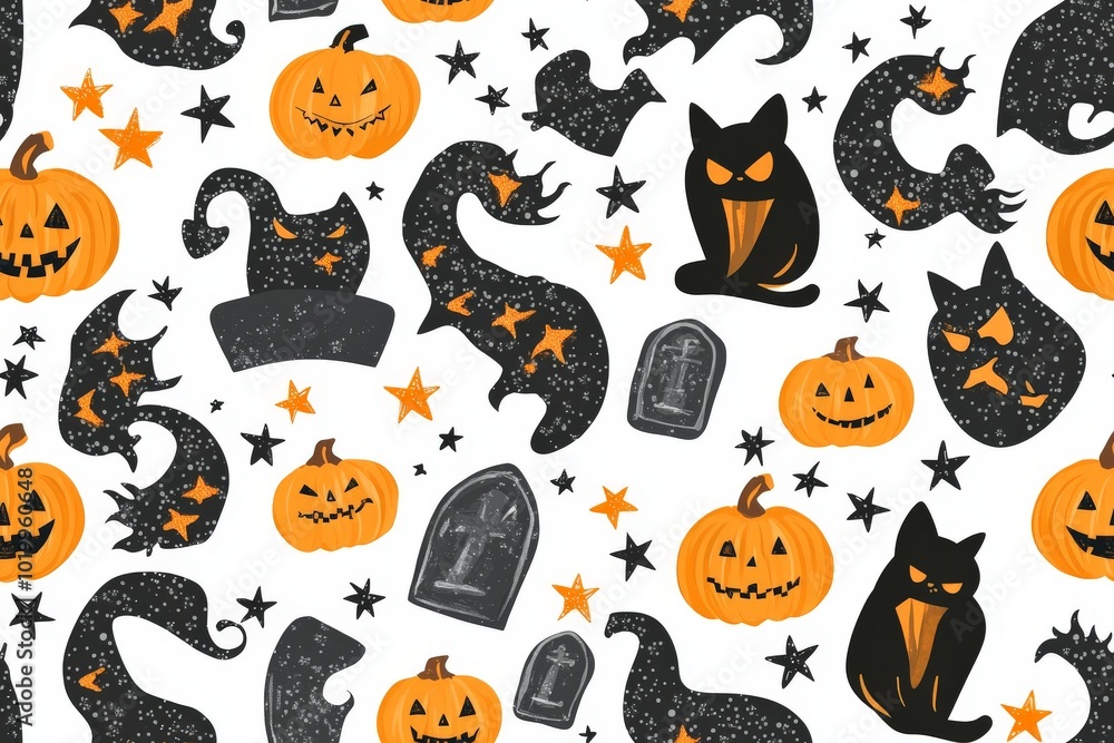 Halloween themed pattern with pumpkins, bats, and black cats on a white background Halloween themed pattern with pumpkins, bats, and black cats on a white background