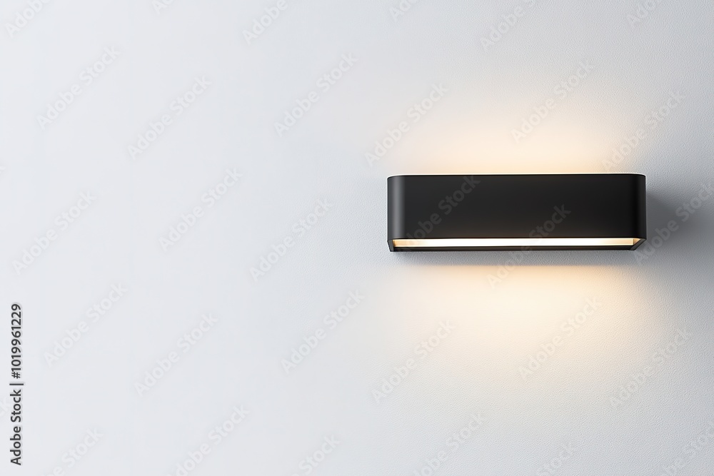 Minimalist black shelf with soft glowing light on white wall Minimalist black shelf with soft glowing light on white wall