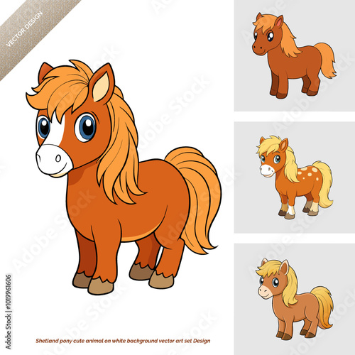 Shetland pony cute animal on white background vector art set Design 