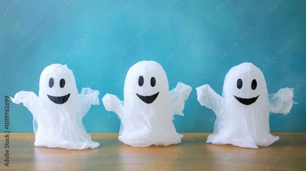 White tissue paper ghosts with smiling faces White tissue paper ghosts with smiling faces