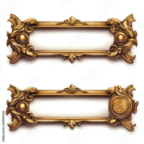 Design of golden fantasy game borders UI button frames isolated on white