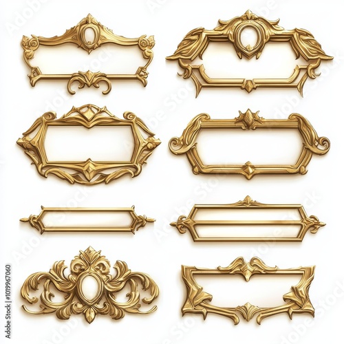 Design of golden fantasy game borders UI button frames isolated on white
