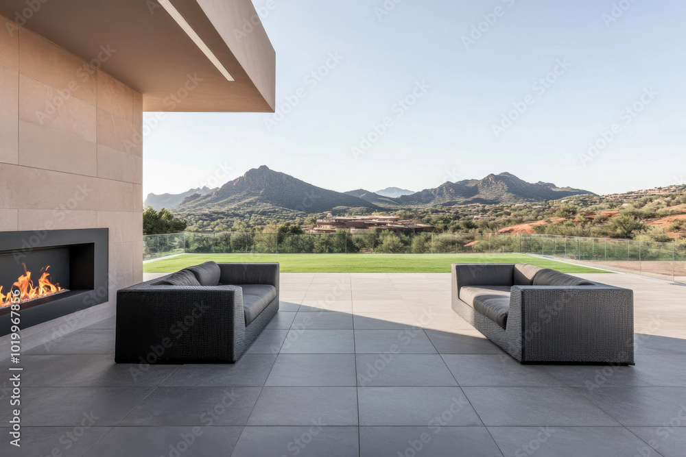Fototapeta premium Modern outdoor seating area overlooking mountains in serene landscape under clear sky