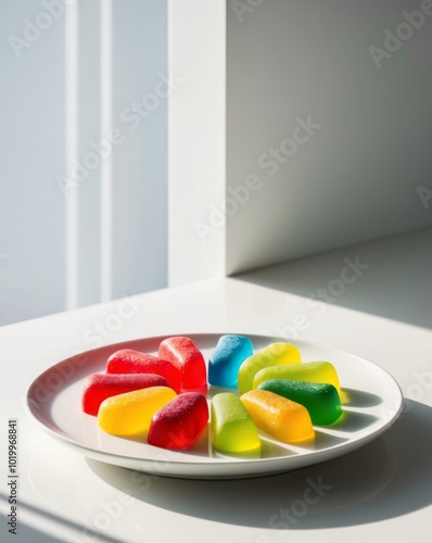 colorful sugary gummy candy on white plate. photo