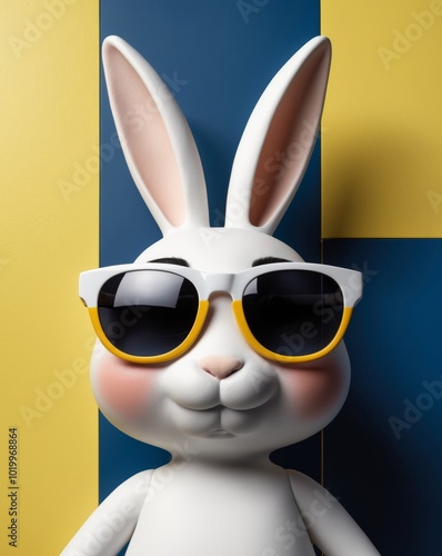 Cool Bunny in Sunglasses on Yellow and Blue Background. photo