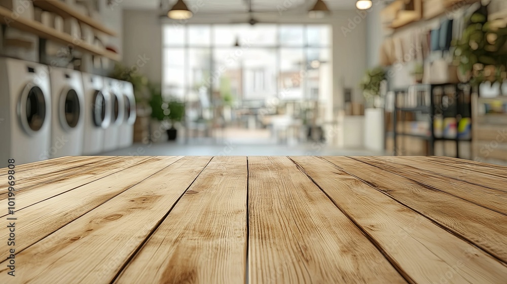 Wooden Tabletop with Blurred Laundry Room Background Wooden Tabletop with Blurred Laundry Room Background