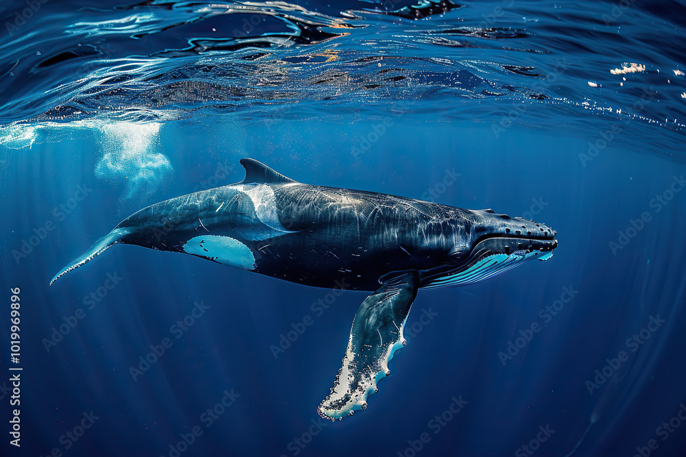 Fototapeta premium Fantastically beautiful majestic huge whale in ocean