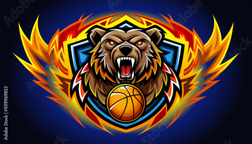 Symbol, logo of a brown bear with bloodshot eyes roaring fiercely with a glowing orange basketball surrounded by intense flames.