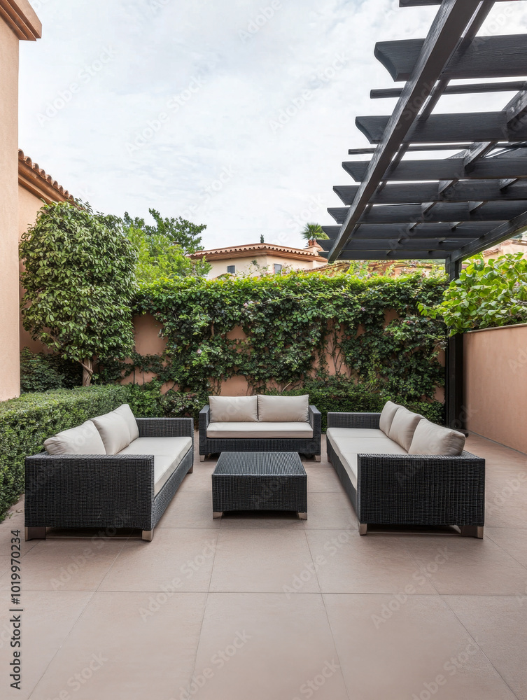 Stylish outdoor seating area with modern furniture and lush greenery in a tranquil garden space Stylish outdoor seating area with modern furniture and lush greenery in a tranquil garden space