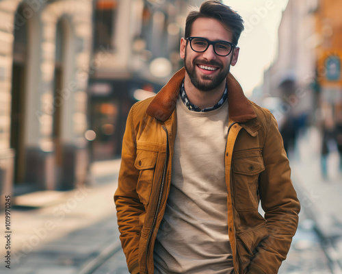 Smiling Man in Stylish Jacket Walking on Urban Street | Modern Lifestyle and Fashion Concept