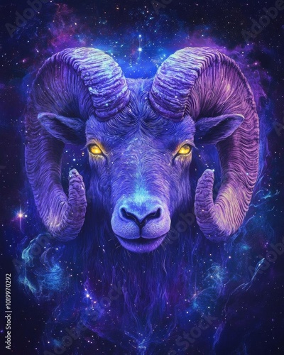 Vibrant cosmic ram portrait with striking purple and starry background, symbolizing strength and astrological power.