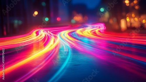 Abstract light trails of colorful streaks creating a dynamic and futuristic pattern against a blurred city background.