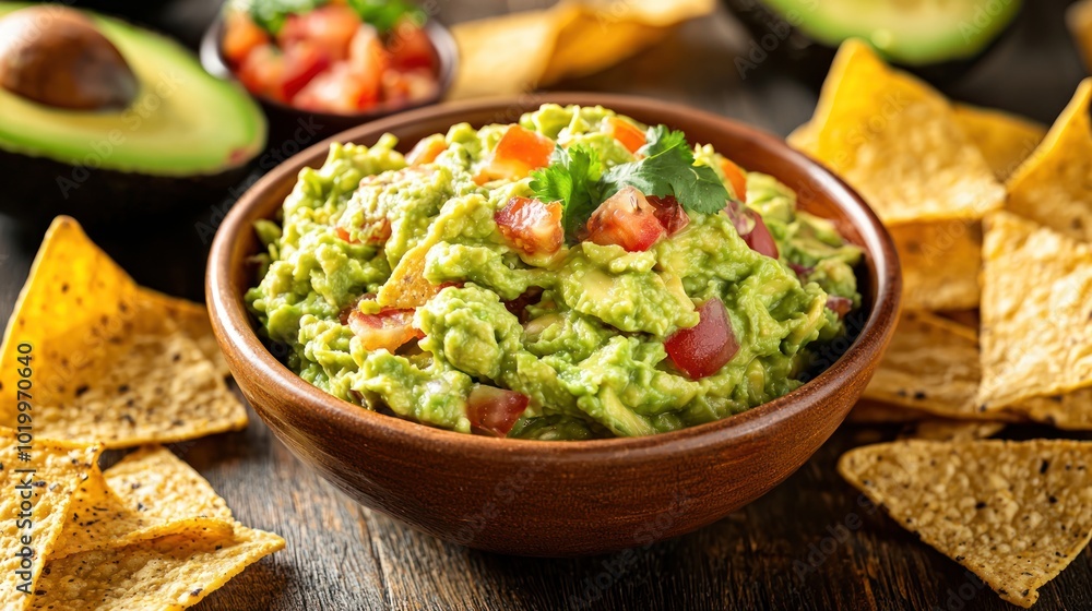 a bowl filled with guacamole surrounded by tortilla chips, showcasing avocado as a key ingredient in this classic dip a bowl filled with guacamole surrounded by tortilla chips, showcasing avocado as a key ingredient in this classic dip
