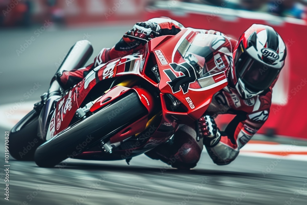 Naklejka premium Dynamic motorcycle racing action on the track captured with motion blur techniques