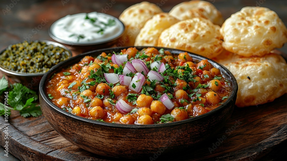 Indian Chickpea Curry with Naan Bread and Side Dishes Indian Chickpea Curry with Naan Bread and Side Dishes
