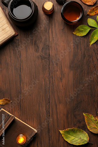 Cozy workspace with a notebook, coffee, honey, and autumn leaves on a wooden table. photo